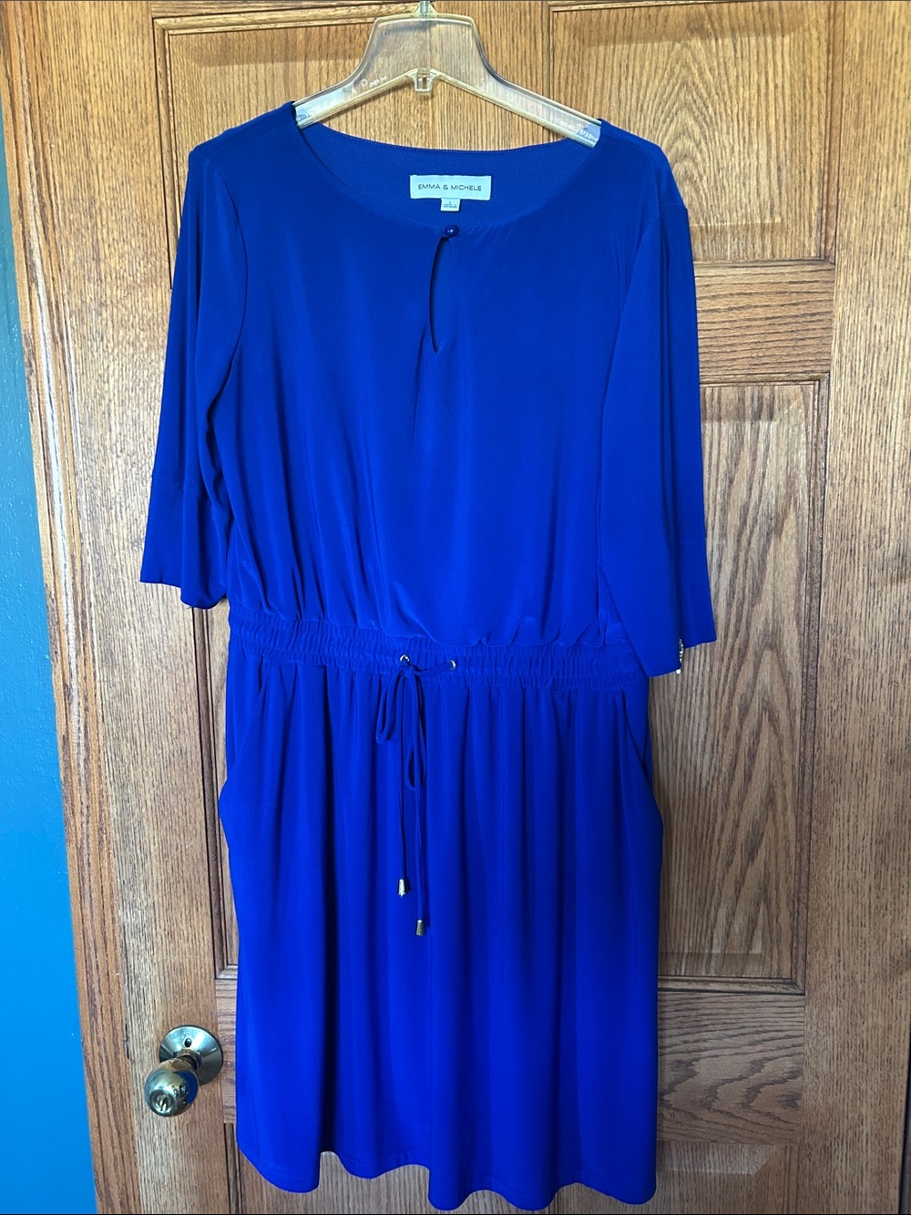 Emma & Michele Cobalt Blue Long-Sleeve Drawstring Waist Dress